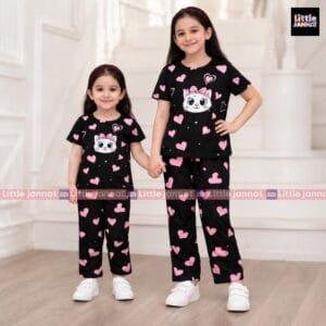 Cotton Summer Set -212 - Pinkish Kitty Black